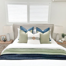 Load image into Gallery viewer, White and sage cushion with rattan buckle. Perfect for a coastal or classic style home. White and sage Cushion covers 50x50 - Square cushion
