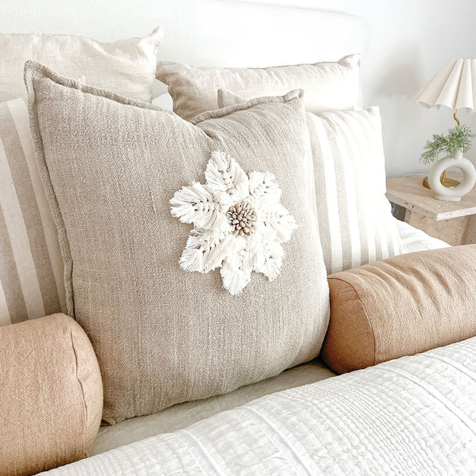 Natural colour Boho Cushion with Macrame detail. Boho cushion 50cm x 50cm