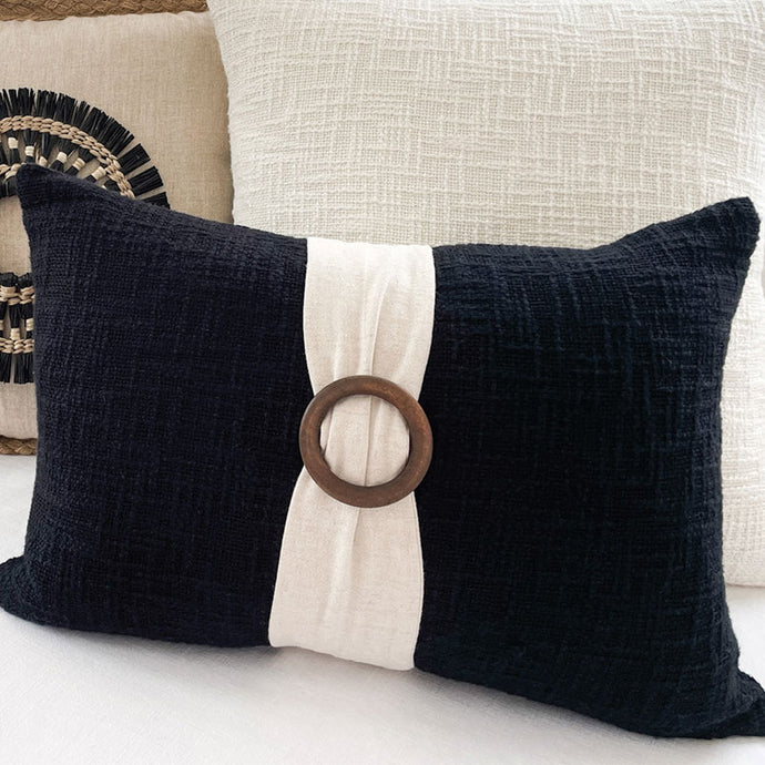 Black cushion with natural colour and timber buckle. 100% cotton lumbar black cushion. BLack Cushion covers 35x50 - Lumbar pillows