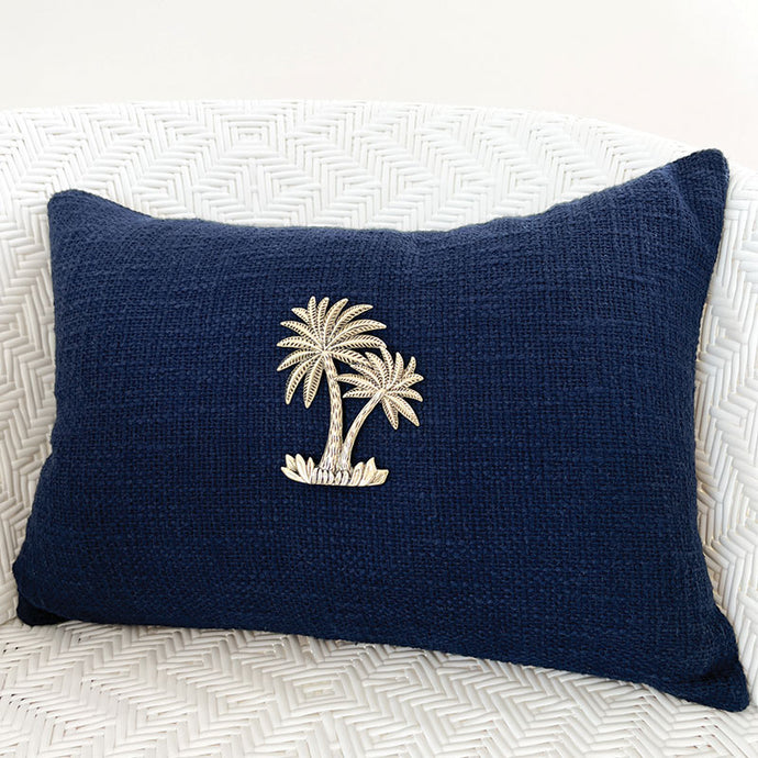 Blue and Brass Palm Tree Cushions to compliment your luxe coastal home or tropical interior.