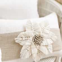 Load image into Gallery viewer, This white boho cushion is perfect for a boho style home. Macrame and shell accent piece on boho cushion. White boho Cushion covers 35x50 - 100% cotton lumbar white cushion. 
