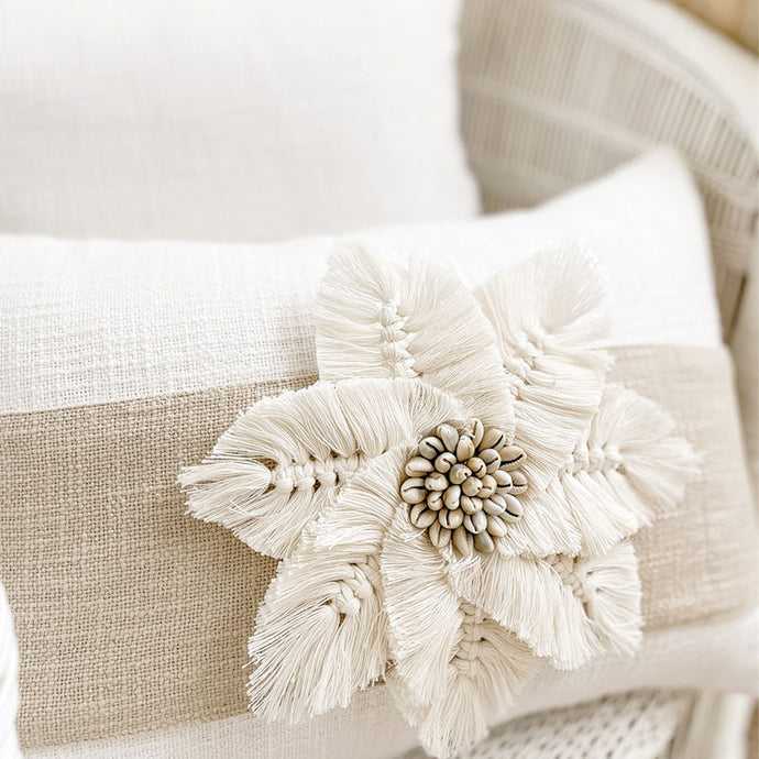 This white boho cushion is perfect for a boho style home. Macrame and shell accent piece on boho cushion. White boho Cushion covers 35x50 - 100% cotton lumbar white cushion. 