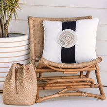 Load image into Gallery viewer, White coastal cushion with a rattan and shell disk, the perfect beach pillows for your coastal home. White coastal Cushion covers 50x50 - Square cushion covers.
