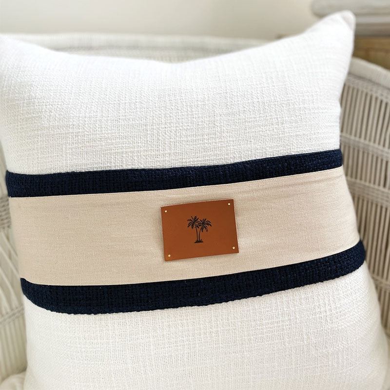 White and Blue Cushion with Leather Palm Patch. Perfect for refreshing your coastal living room or Hamptons style bedroom. Australian designer cushions