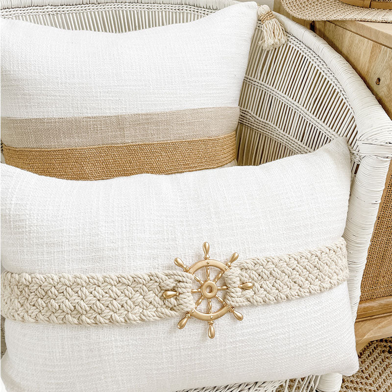 Nautical cushion featuring a sailors wheel, perfect for a coastal home. Great beachy pillows. 