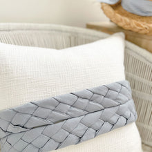 Load image into Gallery viewer, This white and soft blue cushion is a beautiful classic, cottage, coastal or Hamptons cushion. 100% white cotton cushion. 50x50 cushion cover
