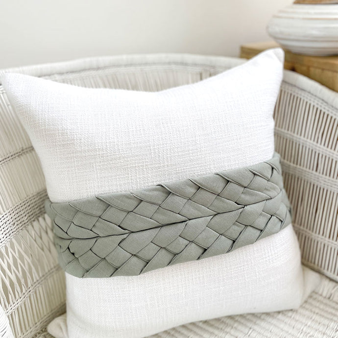 Luxurious classic style cushion with sage colour plait. 100% cotton, white Cushion covers 50x50 - Square cushion