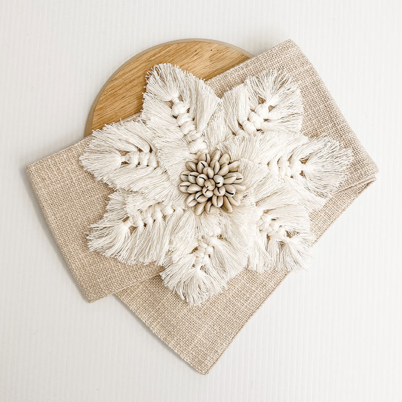 This white boho cushion is perfect for a boho style home. Macrame and shell accent piece on boho cushion. Boho cushion accessory.