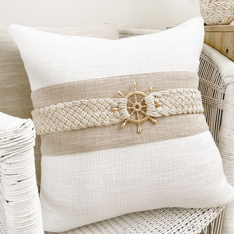 Nautical cushion featuring a sailors wheel, perfect for incorporating beachy decorating home styling. 
