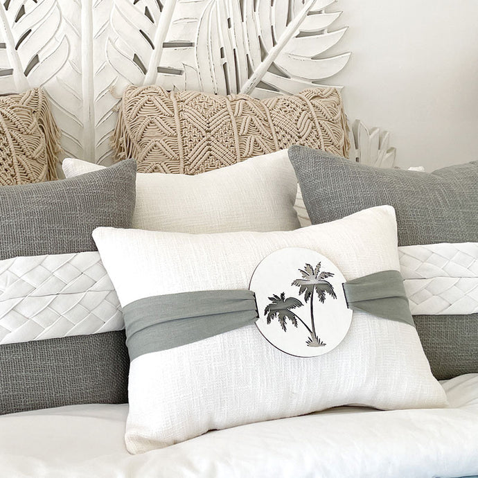 White and sage palm tree cushion will compliment your tropical interior. Palm cushions