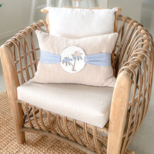 Load image into Gallery viewer, Stone colour coastal cushion with blue and white stripe sash. A tropical inspired cushion with the palm tree motive can be used in your costal home.
