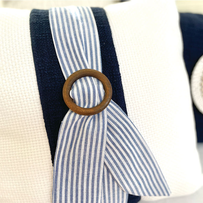 Blue and white coastal or Hamptons cushion. blue and white stripe sash with round timber buckle perfect for Hampton styling. Hamptons coastal style.