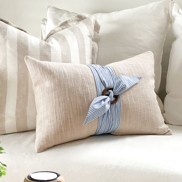 versatile Natural colour Cushions with Timber Buckle can be used in a coastal style bedroom or a Hamptons style interior. 50x50 cushion cover.