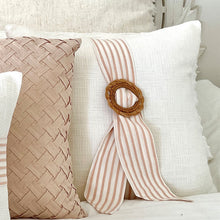 Load image into Gallery viewer, A classic style cushion in White and Pink with a Rattan Buckle cushion accessory. 50x50 cushion cover. 
